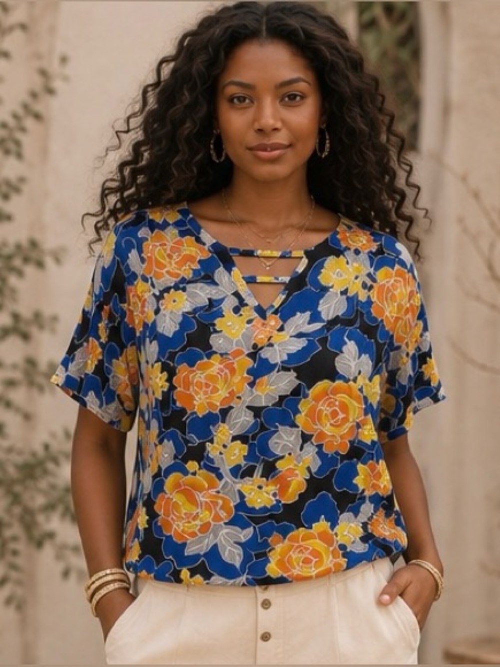 Cest. 1946 Cottagecore Boho Short Sleeve Lightweight Blue & Orange Floral Blouse